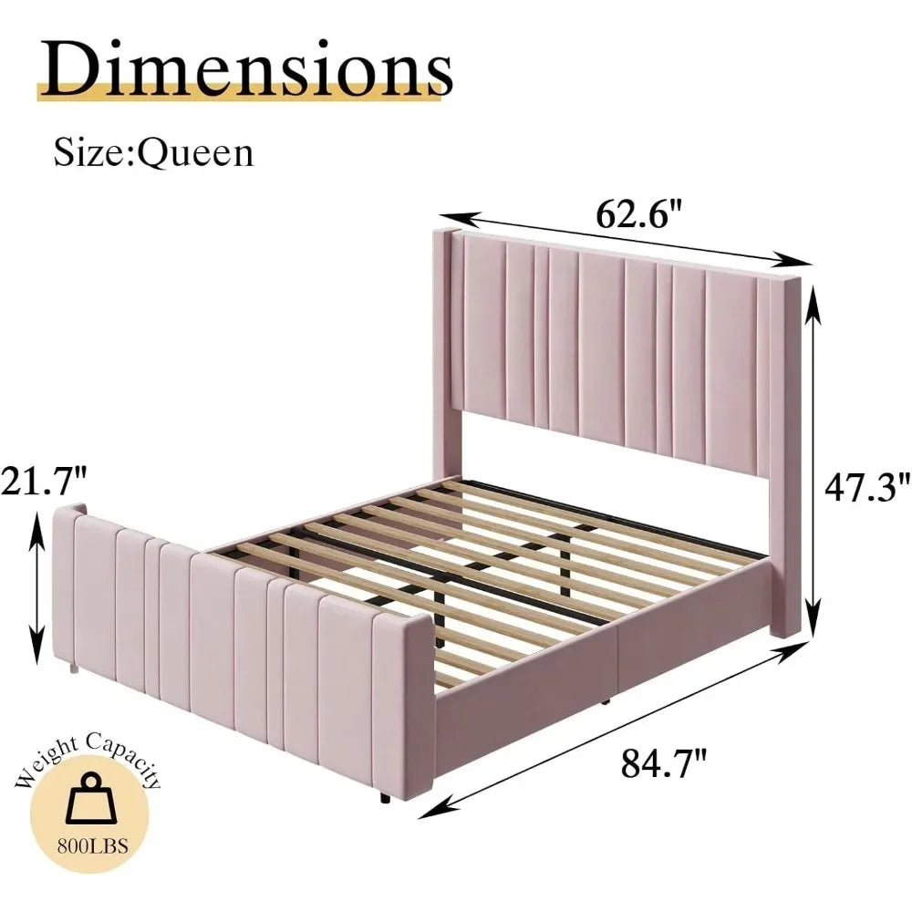 Queen Bed Frame Pink Upholstered Bed with Vertical Channel Tufted Headboard & 22" Footboard, Noise Free/Wooden Slats，Customized