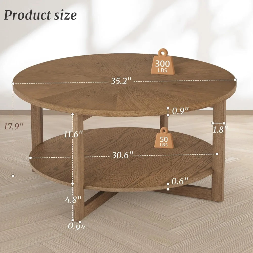 Rustic Modern 35 Circle Coffee Table with 2-Tier Storage Shelf, Dark Wood Living Room Furniture