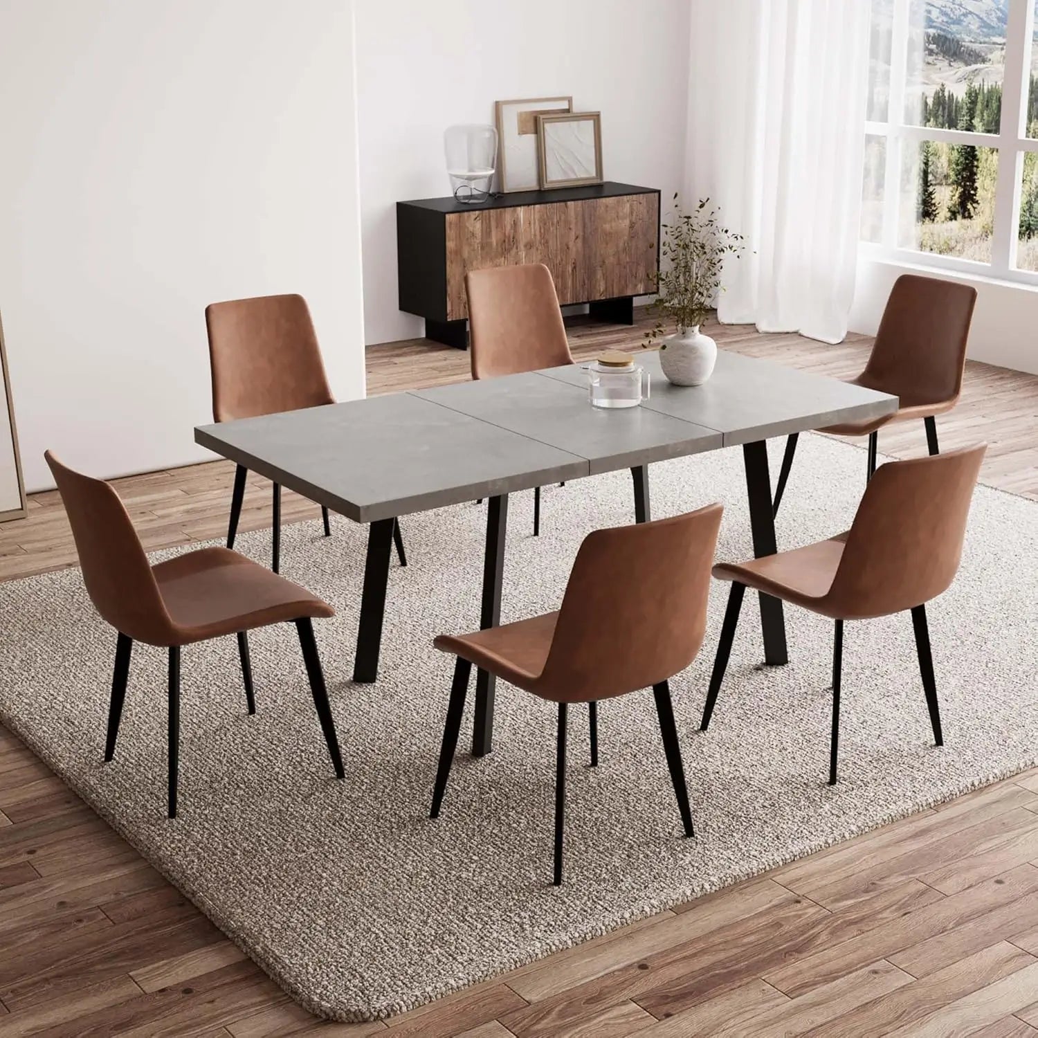 47.2"- 62.9" Extendable Dining Table Set for 6, Modern Kitchen Table with 6 PU Leather Chairs, Thickened Expandable, Customized