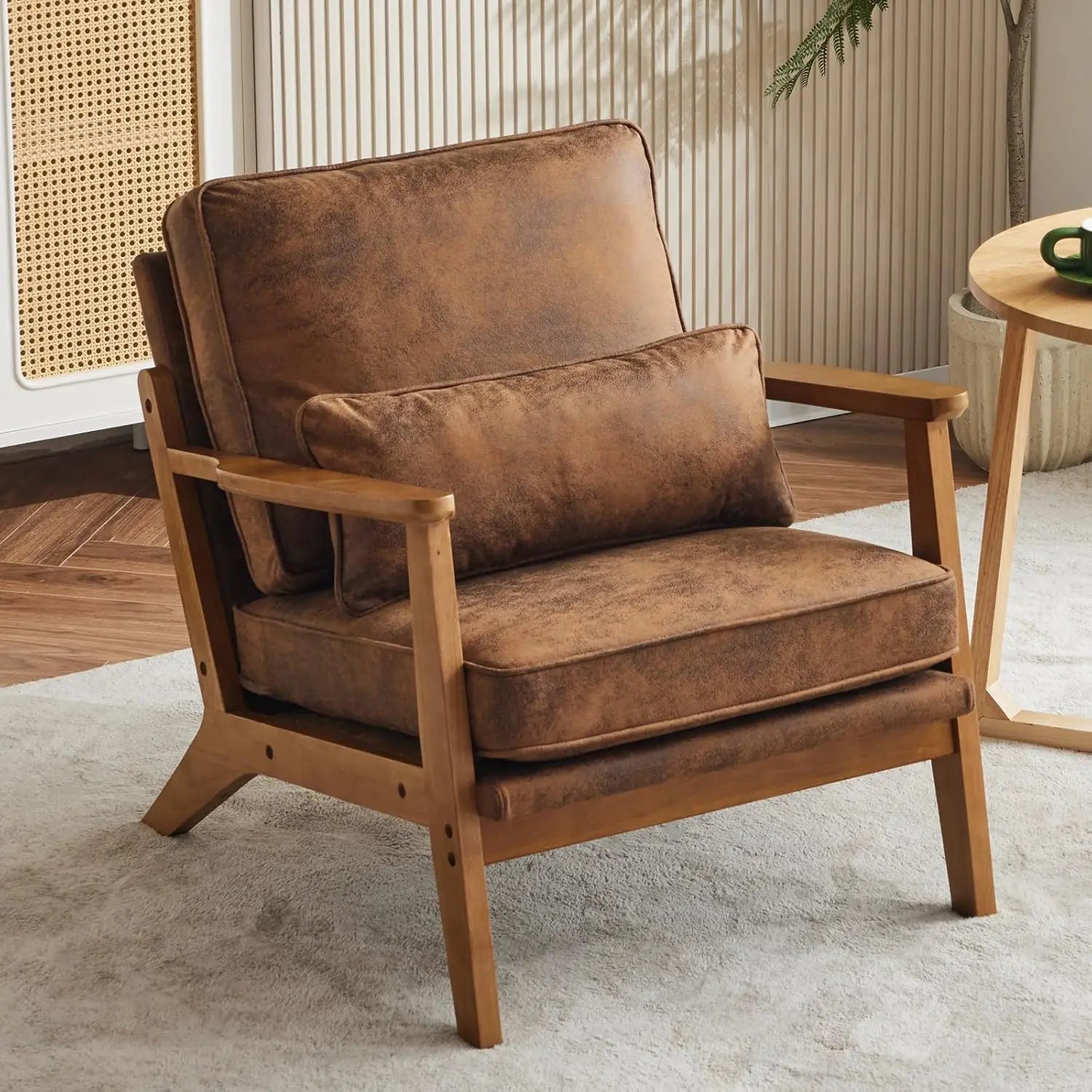 Accent Chair Wide Armrest Mid-Century Lounge Chair Teddy Fleece Armchair with Lumbar Pillow & Solid Wood Frame for ,Customized