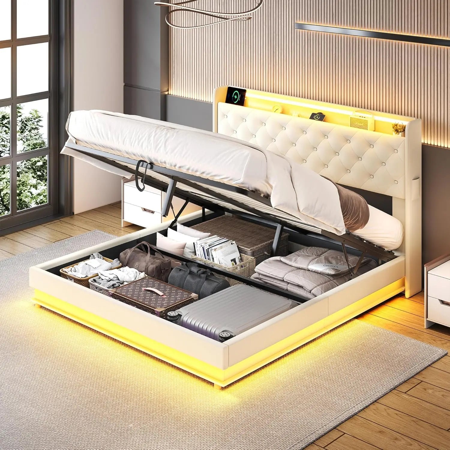 Lift Up Storage Bed Frame Queen Size with Charging Station & Led Lights,Upholstered Platform Bed with Wingback Storage Headboard
