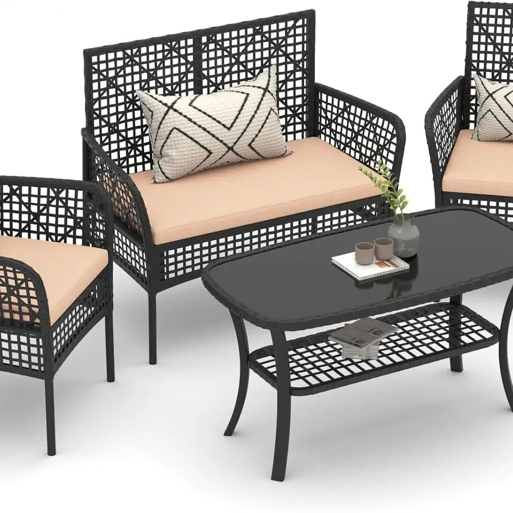 4-Piece Outdoor Patio Furniture Set with PE Rattan Chairs, Tempered Glass Table, and Cushions for Backyard, Poolside, Lawn (Khak