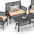 4-Piece Outdoor Patio Furniture Set with PE Rattan Chairs, Tempered Glass Table, and Cushions for Backyard, Poolside, Lawn (Khak