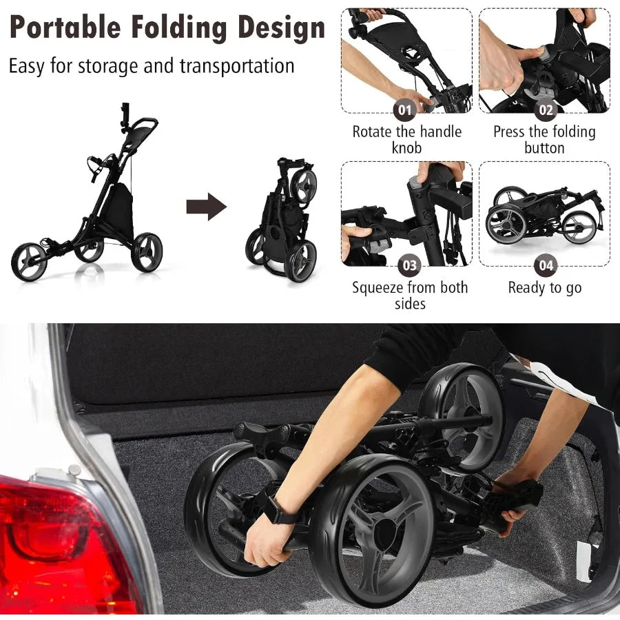 3 Wheel Golf Push Cart with Aluminum Frame for Easy Transport and Storage Features Elastic Strap Umbrella Holder Cup Holder Sco