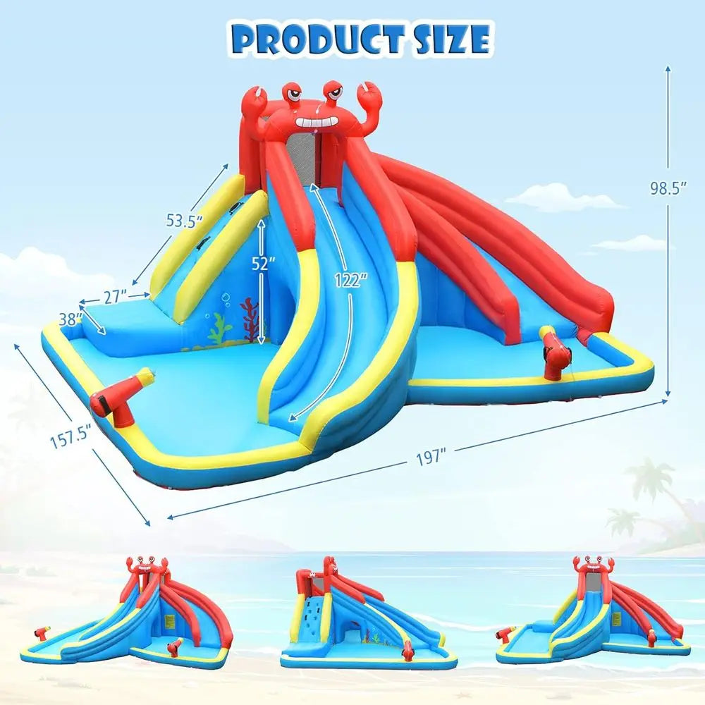 Iatable Water Slide, Crab Theme Kids Waterslide Park Outdoor with Dual Slides for Racing Fun/Climbing/Hide&Seek Cave, Blower, Bl