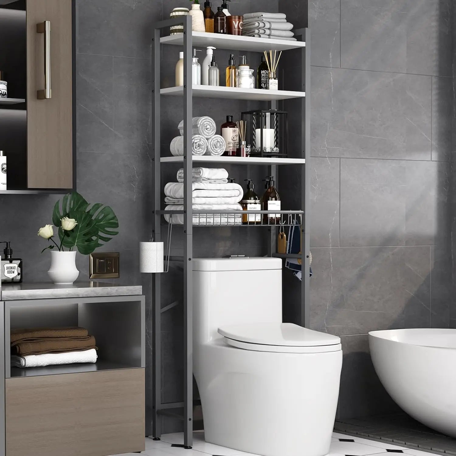 4-Tier Over-The-Toilet Storage Rack with Adjustable Shelf and Basket, Freestanding Bathroom Organizer in Gray-White