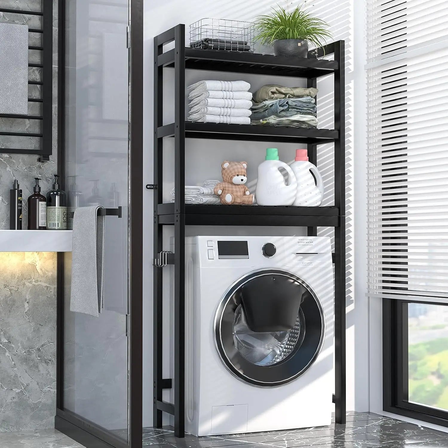 3-Tier Over Toilet Storage Shelf, Bamboo Bathroom Organizer with Hooks, Space-Saving Freestanding Rack for Small Spaces