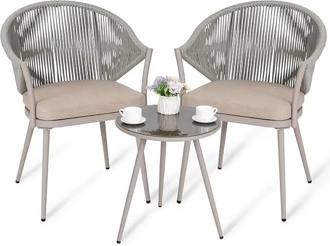 3 Piece Outdoor Bistro Set, Woven Rope Conversation Patio Set, All Weather Patio Furniture Chairs and Table with Cushions