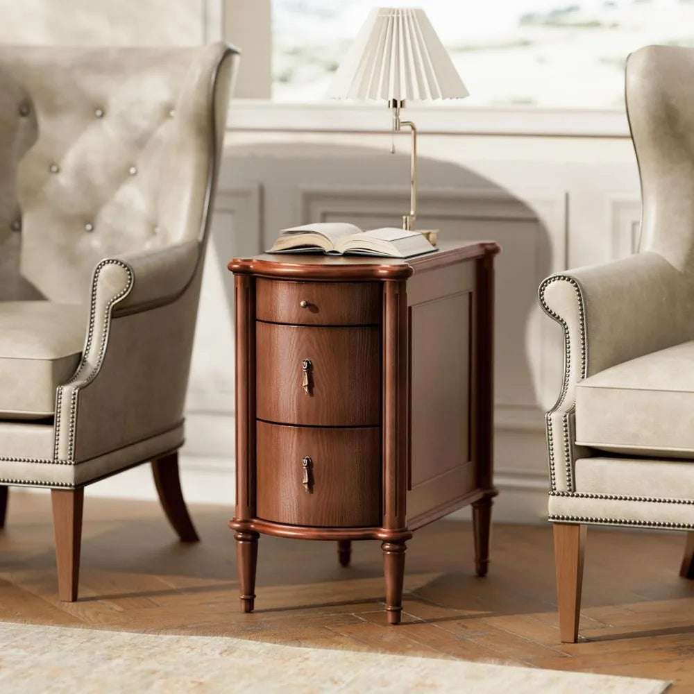Vintage 3-Drawer Nightstand with Charging Station and Antique-Style Hardware, Pre-Assembled Rustic Wood Finish