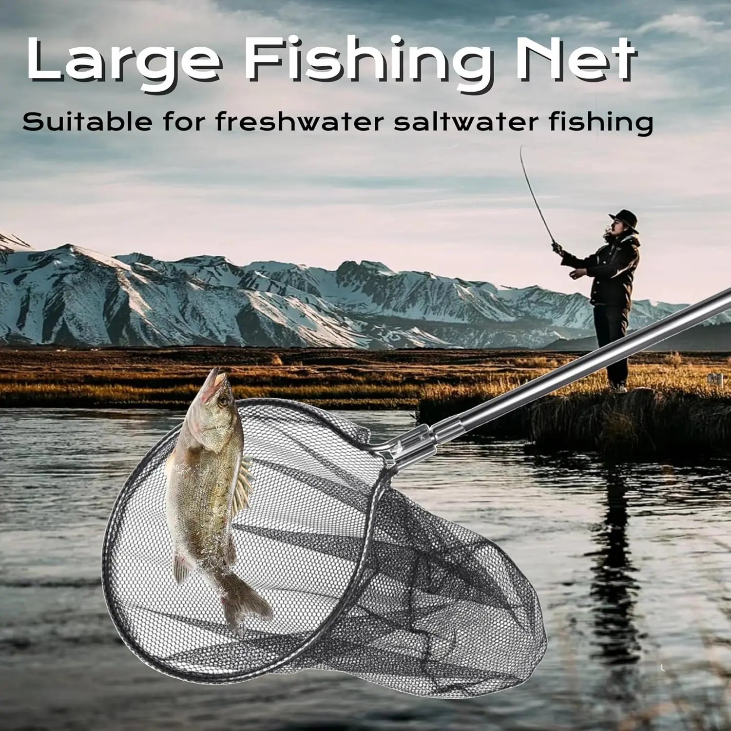 Extra Large Aluminum Fishing Net with Telescoping Handle, 20in Opening for Saltwater and Freshwater