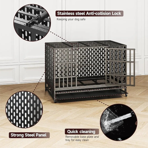 48/42 inch heavy duty indestructible dog crate steel escape proof, indoor double door high anxiety cage, kennel with wheels, rem