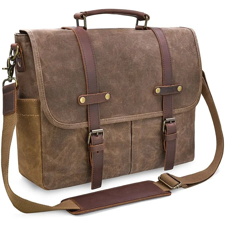Messenger Bag 15.6 Inch Waterproof Vintage Genuine Leather Waxed Canvas Briefcase Large Leather Computer Laptop Bag Rugged Satch