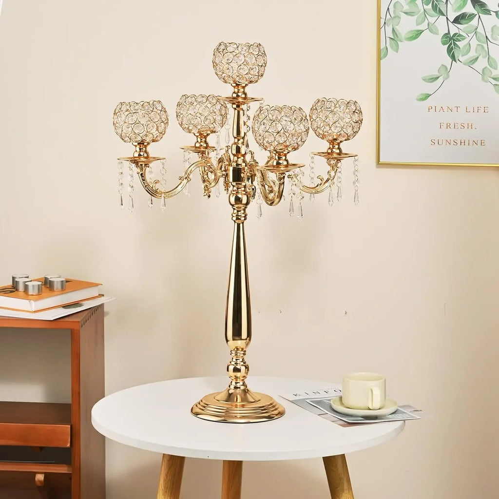 4 Packs 5 Arms Crystal Candelabra for Wedding Centerpiece Gold Candle Holder with Chandelier Crystal Beaded Party Table Decor