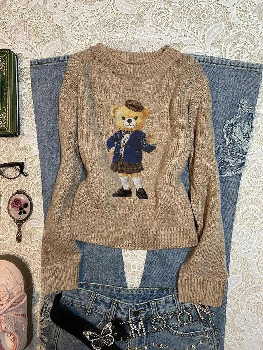 Navy Blue Collegiate Bear Print Pullover Sweater for Women, Autumn Winter Casual Style