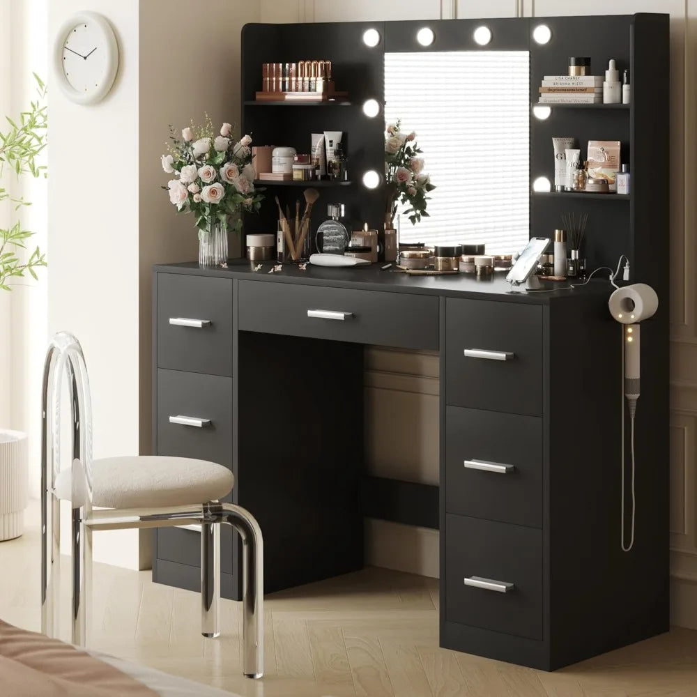 Vanity Desk with Mirror, Power Outlet and 10 Lights, Makeup Table with 7 Drawers, 3 Color Modes Available for Bedroom