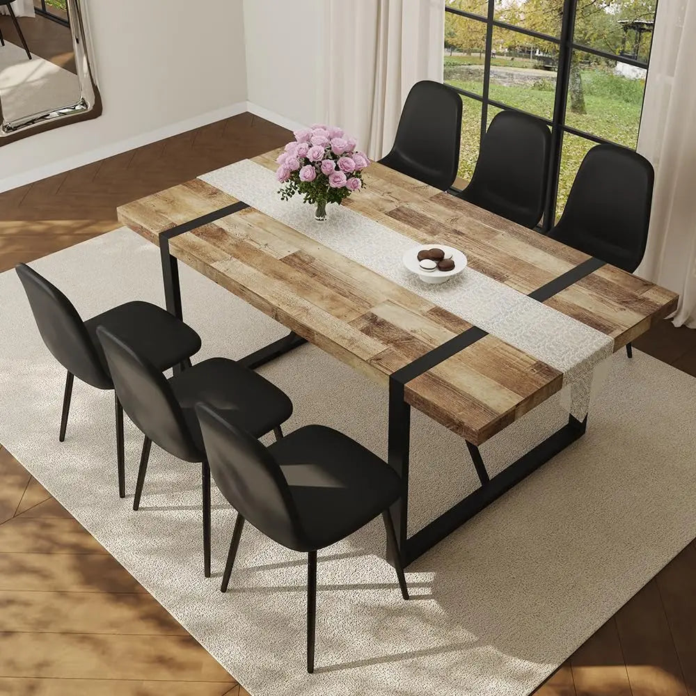 Wood Dining Table Set for 6, 71" Large Rectangular Kitchen & Dining Room Table with 6 Suede Upholstered Chairs,, Customized