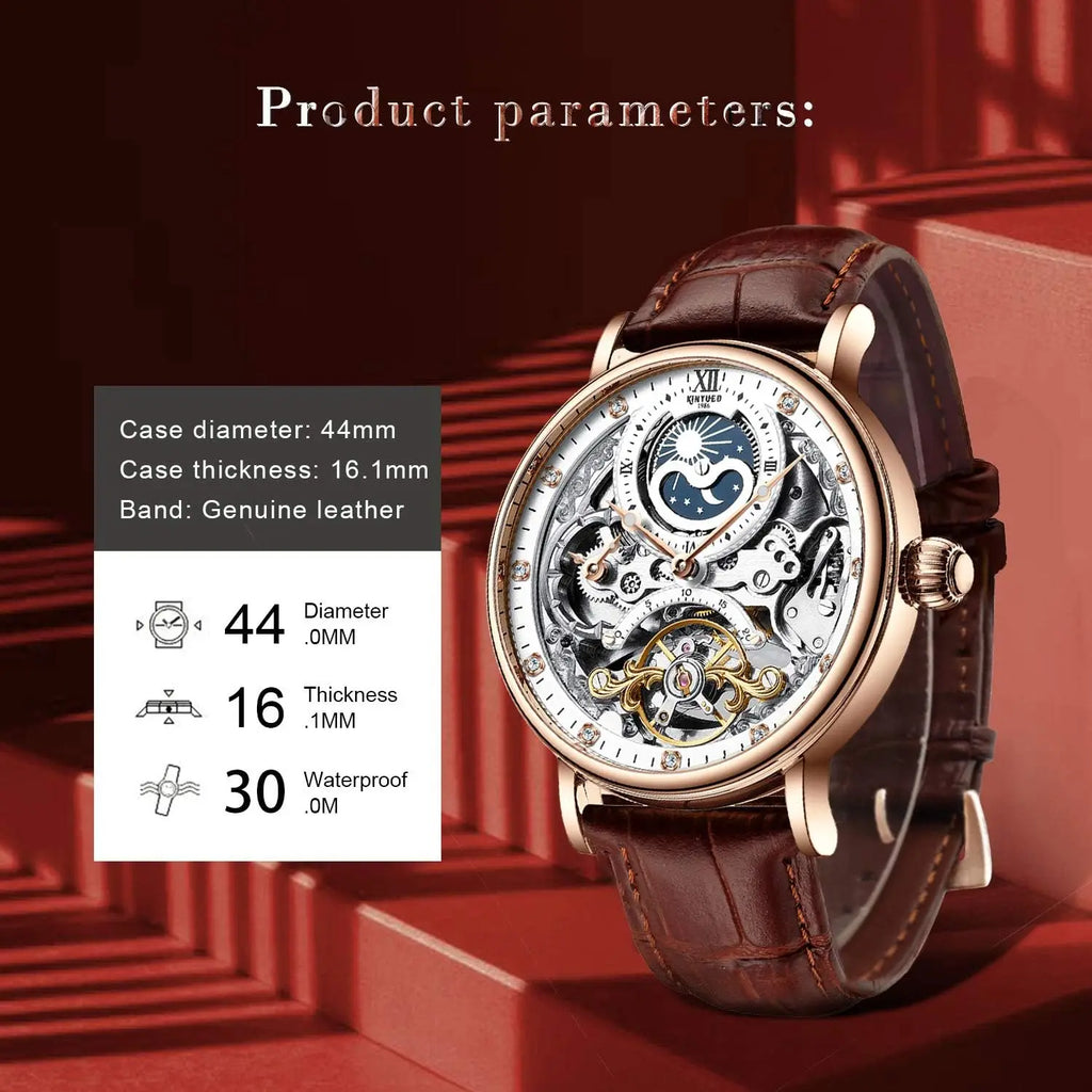 Men's Luxury Skeleton Automatic Mechanical Watch with Leather Strap, Moon Phase, Luminous Hands