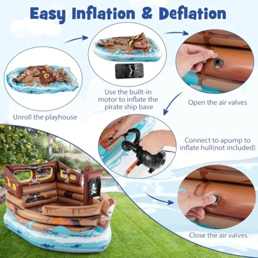 Pirate Ship Bounce House Inflatable with Built-in Motor Boat Shaped for Aged 3+ Indoor Outdoor Party Game Includes Sword Hat Re