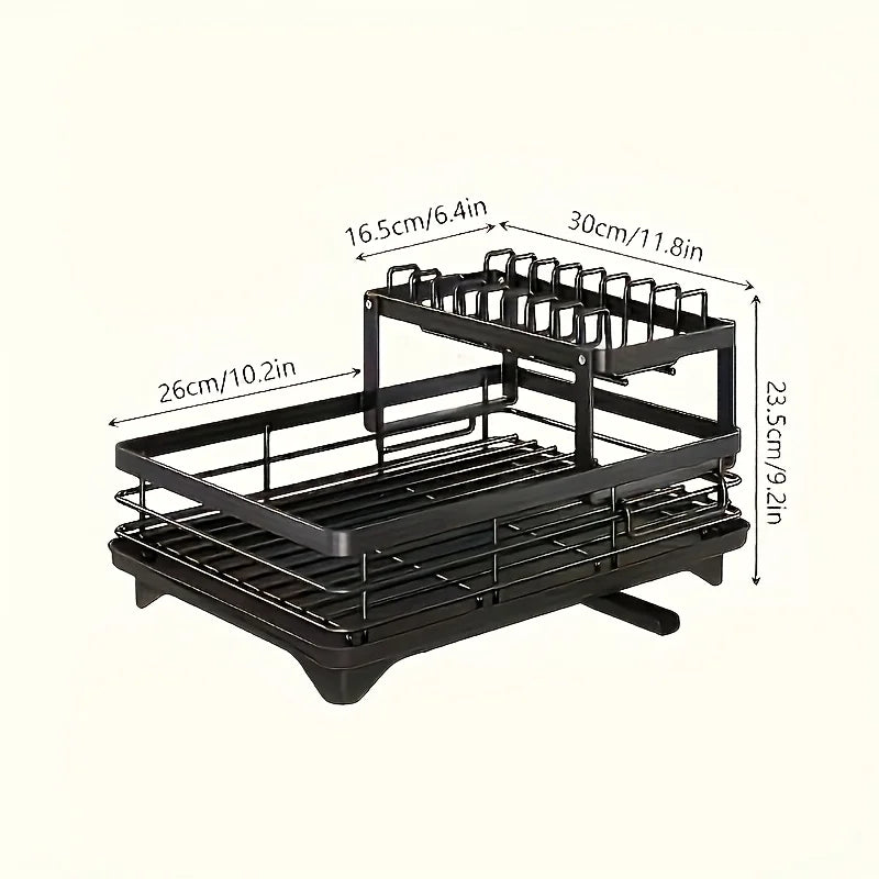 Double-tier extendable dish drainer, suitable for kitchen worktops as a large-capacity utensil rack and draining board.