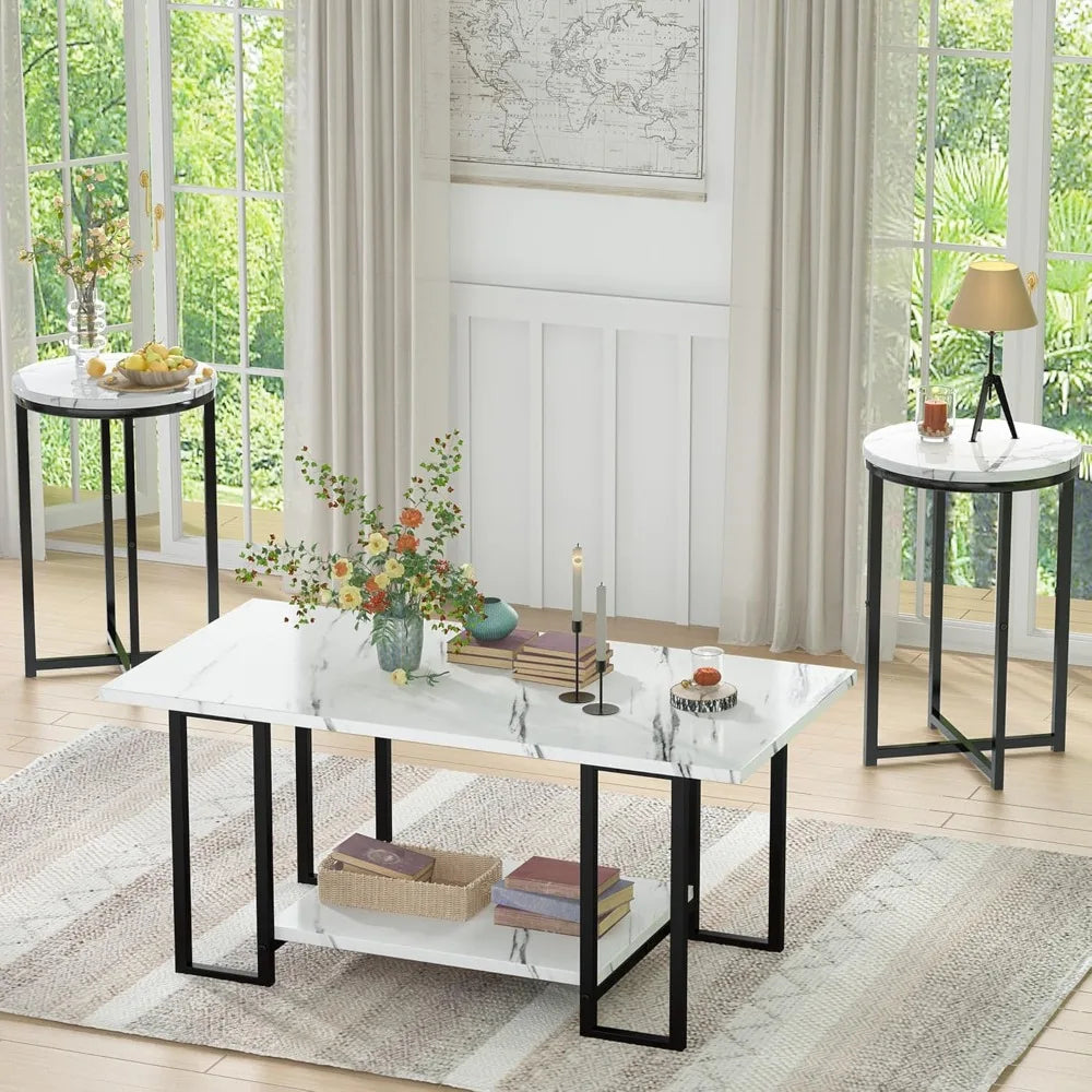 3 Pieces Living Room Table Set, Faux Marble Coffee Table with 2 Round End Side Tables, Coffee Table Set with Metal Frame