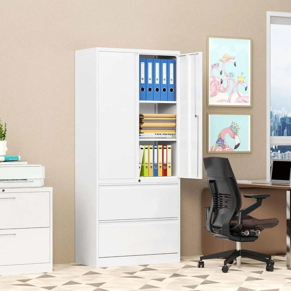 Secure Metal File Cabinet with Adjustable Shelves and Dual Drawers for Home and Office Storage