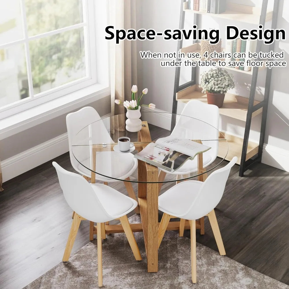 Tangkula 42-inch Round Glass Dining Table with 4-6 Seating Capacity, 0.3-inch Thick Tempered Glass Top, and 4 Upholstered Chairs