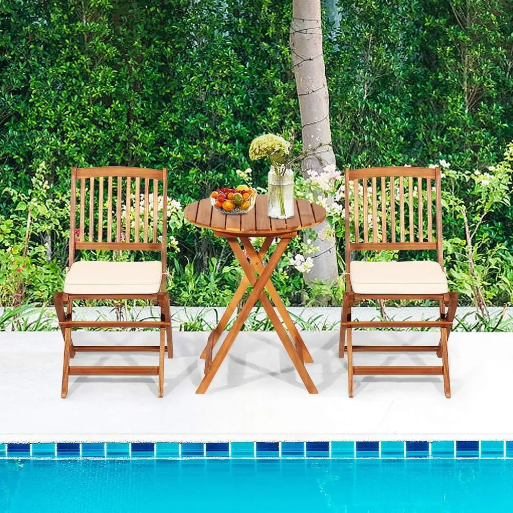 Outdoor Patio Bistro Set with Folding Wooden Table and 2 Cushioned Chairs, Natural and Beige for Garden and Yard