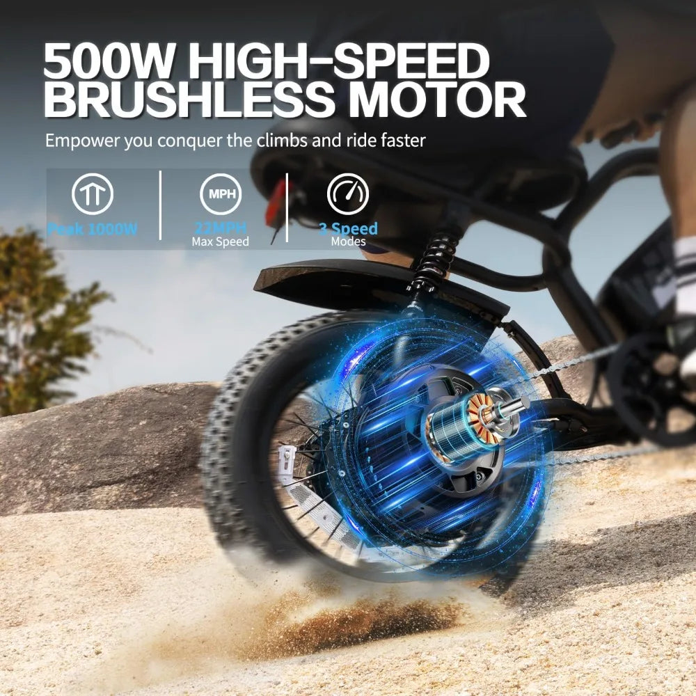 16'' Fat Tire Electric Bike for Teens/Adults 500W Motor 36V/12.8Ah Removable Battery 22MPH 40-50KM Range Small E-Bike Customized