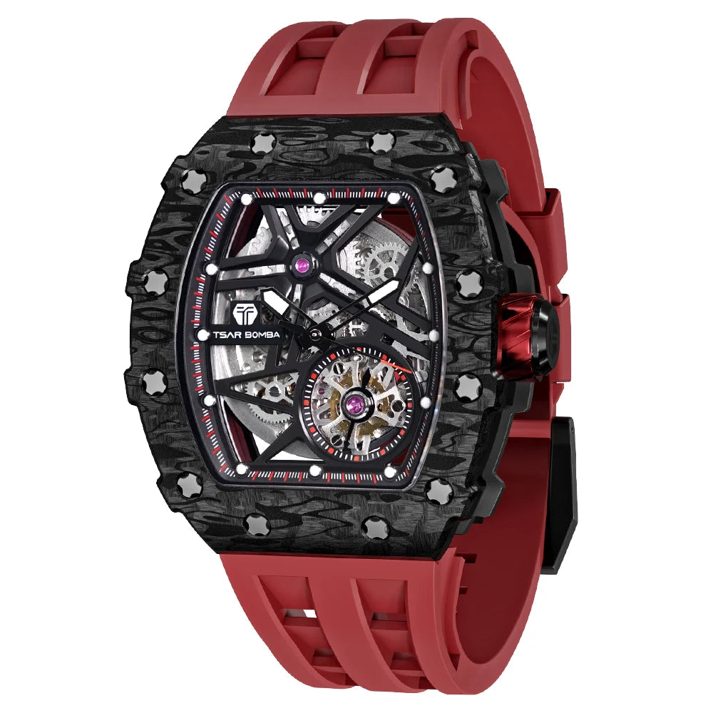 TSAR BOMBA Automatic Watch Men Carbon Fiber Mechanical Wristwatch Skeleton Clock Mens Tonneau Luxury Watches