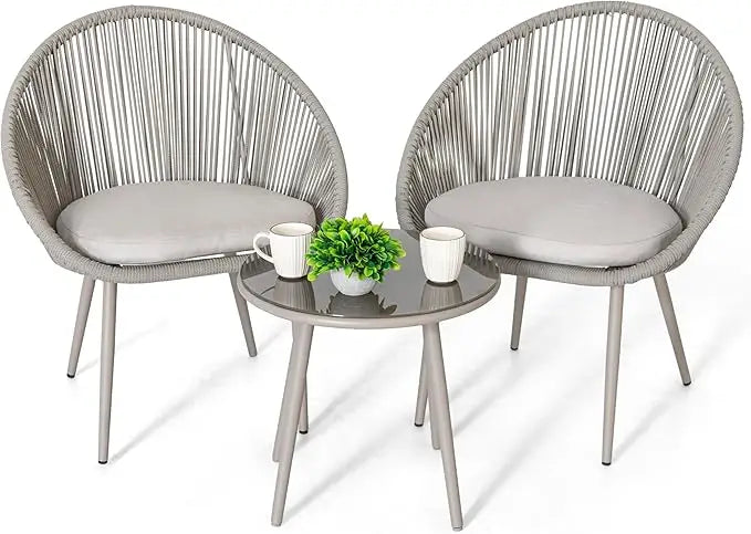 3 Piece Outdoor Bistro Set, Woven Rope Conversation Patio Set, All Weather Patio Furniture Chairs and Table with Cushions