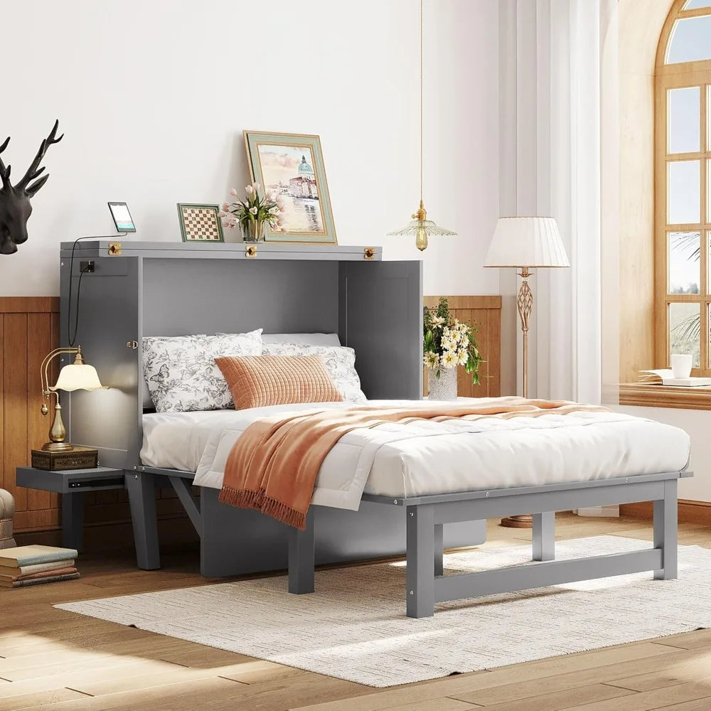 Full Size Murphy Bed with USB Port, Desk and Removable Shelves on Each Side, Full Platform Bed Wood Frame
