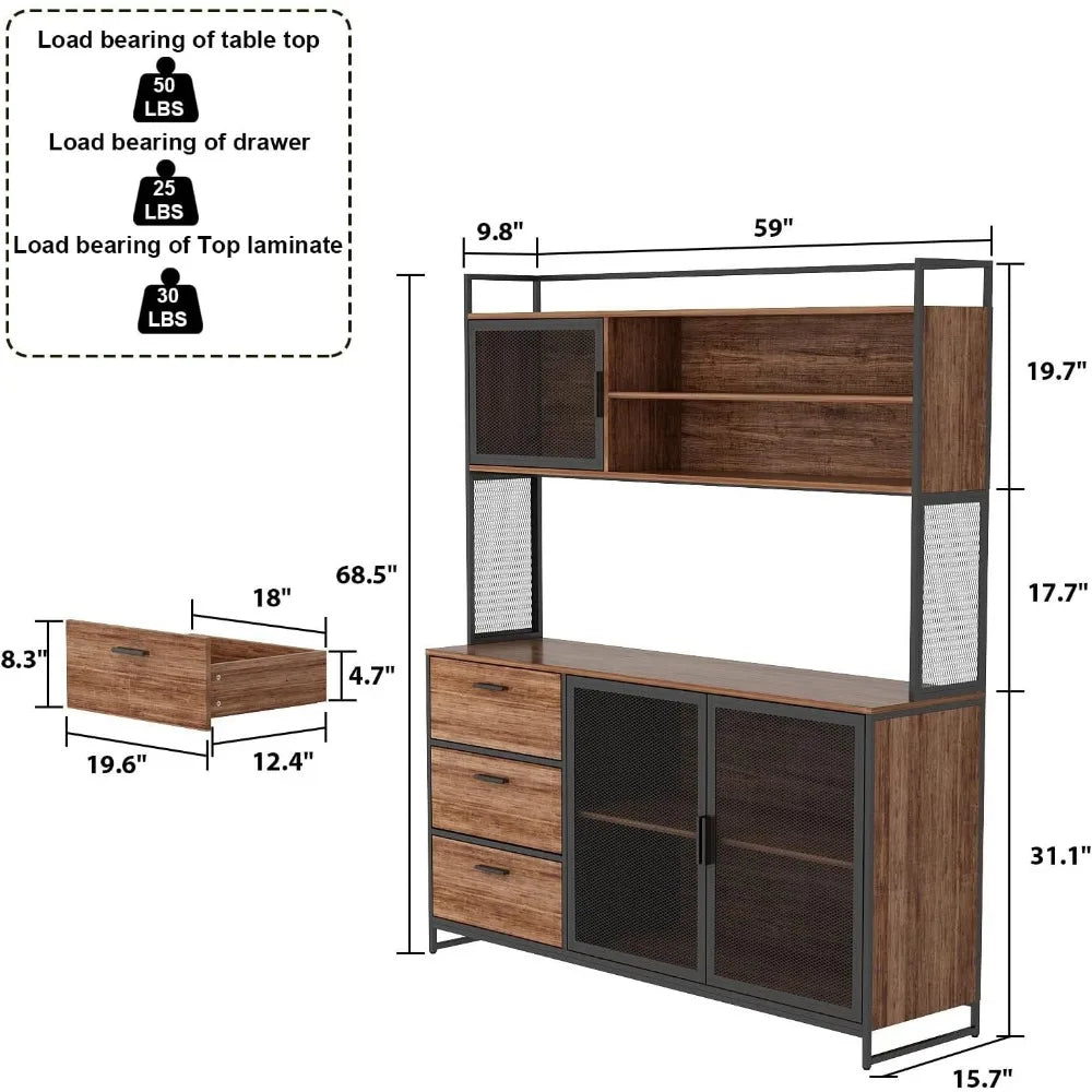 Modern Wood Sideboard Buffet Storage Cabinet with Hutch, 3 Metal Mesh Doors, 3 Drawers & Shelves, Kitchen Pantry Cupboard Conso