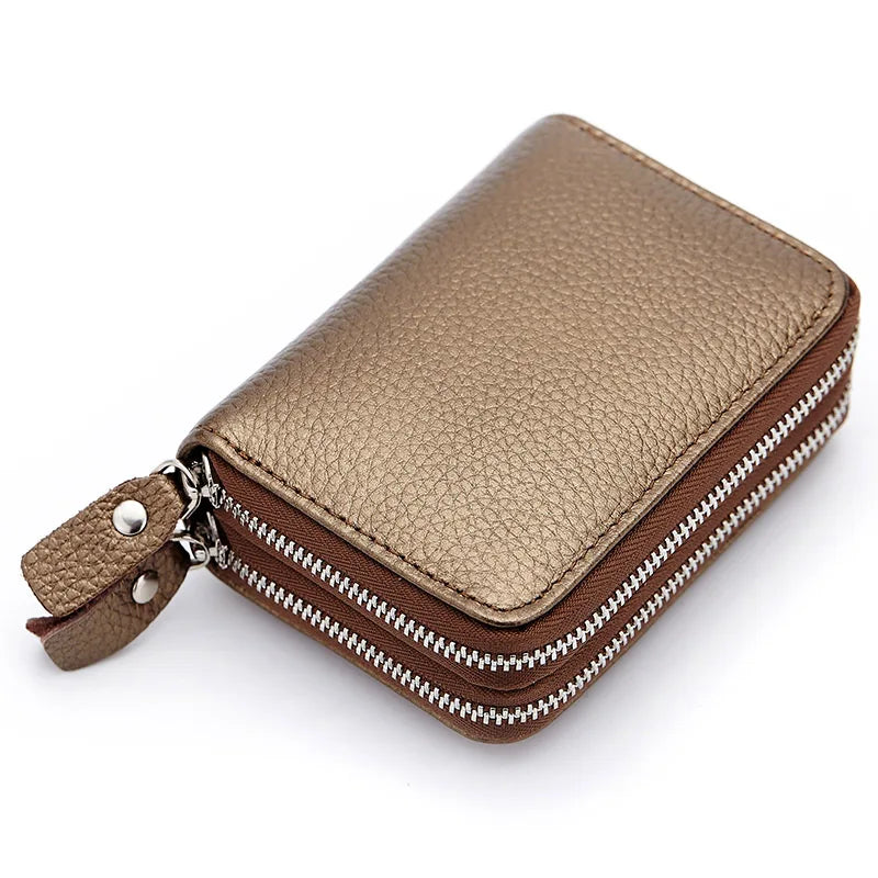 Genuine Leather Men & Women Mini Short Wallet Cow Leather Coin Purse Solid Card Holder Accordion Card Slots Double Zipper Pocket