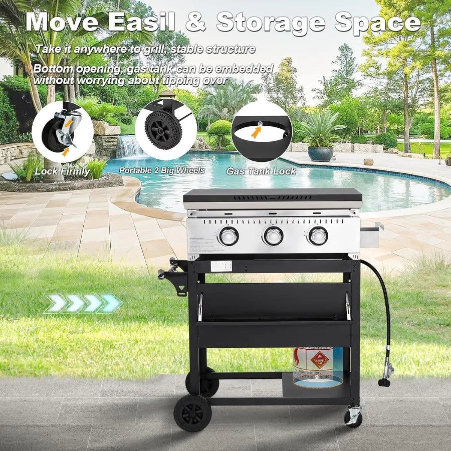 3 Burner 30000 BTU Outdoor Gas Griddle with Lid Portable Flat Top Griddle 28 Inch Heavy Duty Cast Iron Grill in Black with Bott