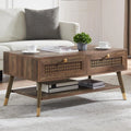 Mid Century Modern Coffee Table with Storage Drawers & Open Shelf, Solid Wooden Boho Rectangle Table