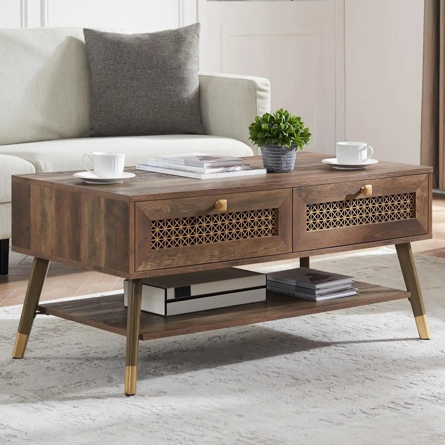 Mid Century Modern Coffee Table with Storage Drawers & Open Shelf, Solid Wooden Boho Rectangle Table