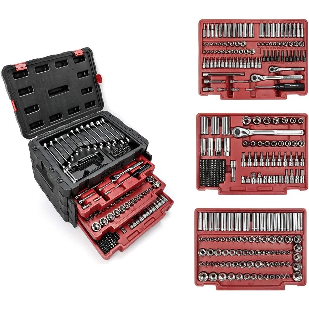 WORKPRO 450-Piece Drive Socket Set 1/2 1/4 3/8, CR-V Metric and Imperial with Quick-Release Ratchet Wrench, Spanners, Bits Set,
