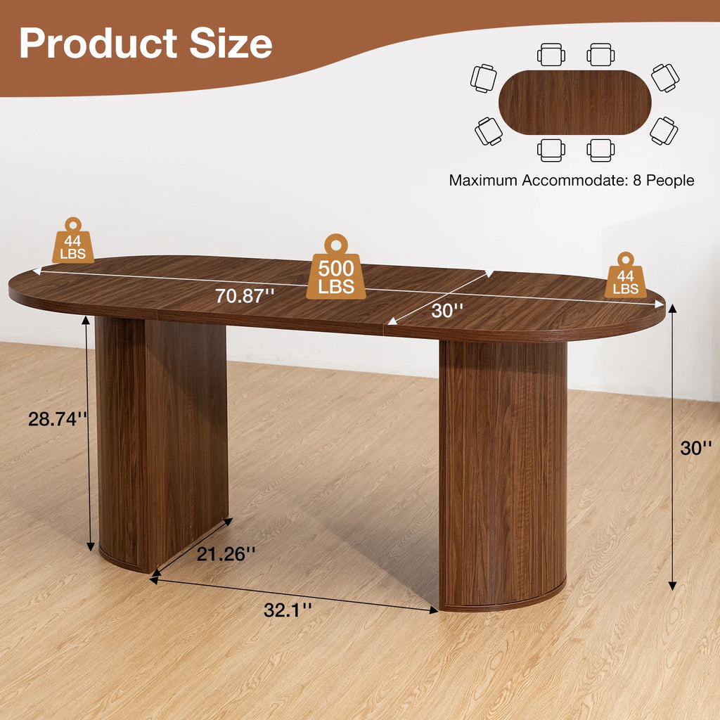 70.8" Oval Dining Table for 6-8 Person Kitchen Table with Semi-Cylindrical Legs Base Large Wooden Round Dining Room Table Modern