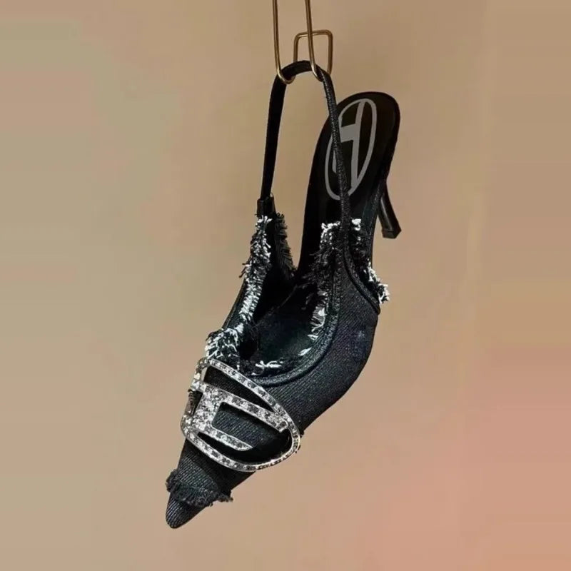 2025 European and American Luxury Slim Heel Fashionable Retro Pointed High-heeled Sandals with Toe Caps and High Heels