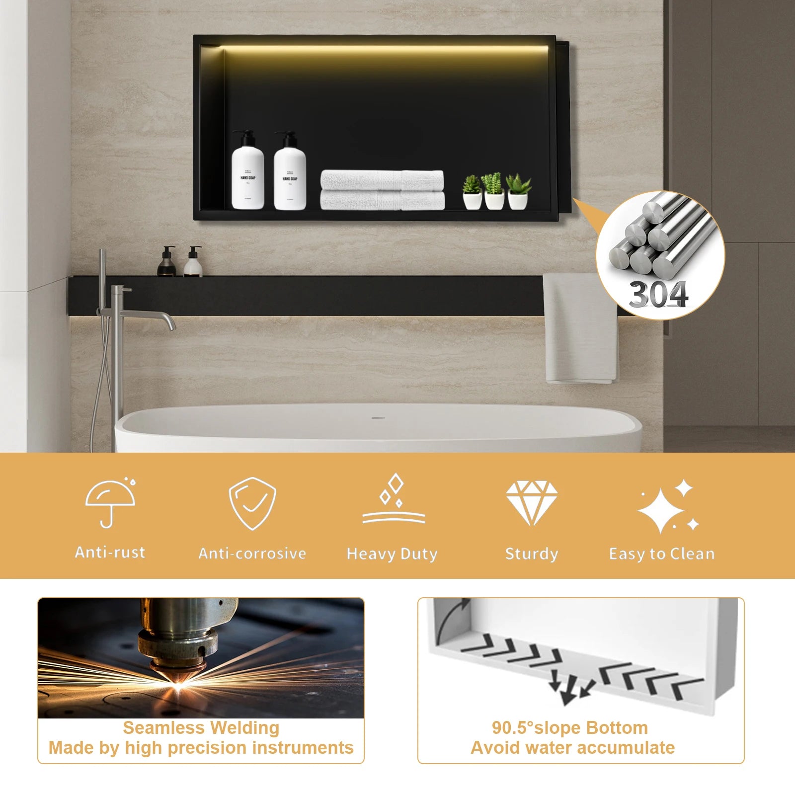 Shower Niche Insert with LED Light, 36x11x5 Inch Rust-Proof Bathroom Shelf - No Tile Needed, Over Mount for Shower & Coffee Bar