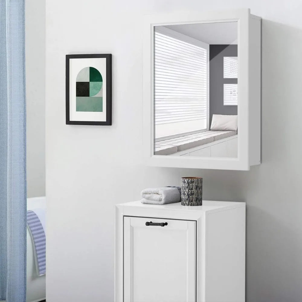 Wall-Mounted Single Door Mirrored Cabinet for Bathroom Storage in White