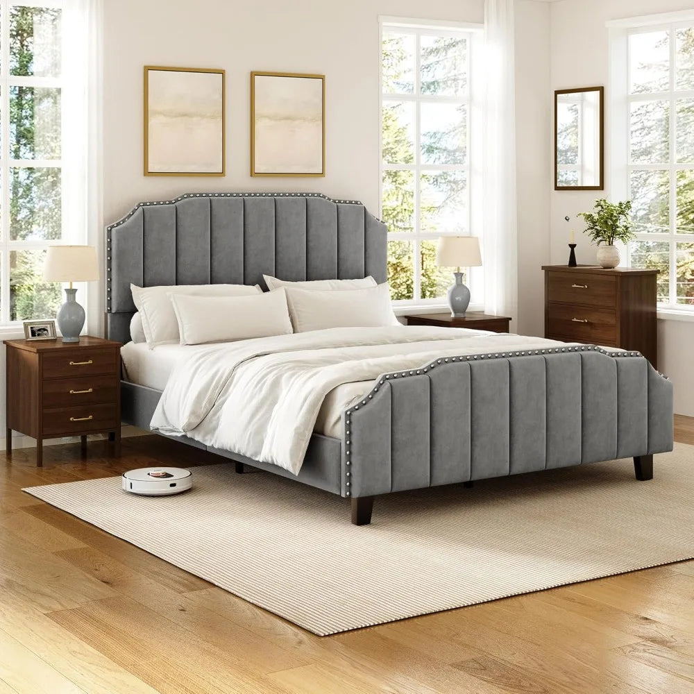 Grey Queen Size Upholstered Platform Bed Frame with 46.8'' Tall Vertical Channel Tufted Headboard, Wooden Slats,Customized