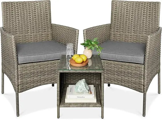 3-Piece Outdoor Wicker Conversation Bistro Set, Space Saving Patio Furniture for Garden w/Side Table - Gray/Navy