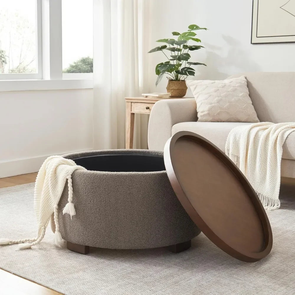 30 Inch Round Storage Ottoman Coffee Table, Modern Boucle Ottoman with Lift-Off Lid and Solid Wood Legs for Living ，Customized