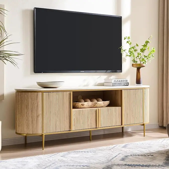 Luxury 70" Fluted TV Stand, Modern Chic Entertainment Center for TVs Up to 80 inches, TV Console with Faux Marble Top, Curved P