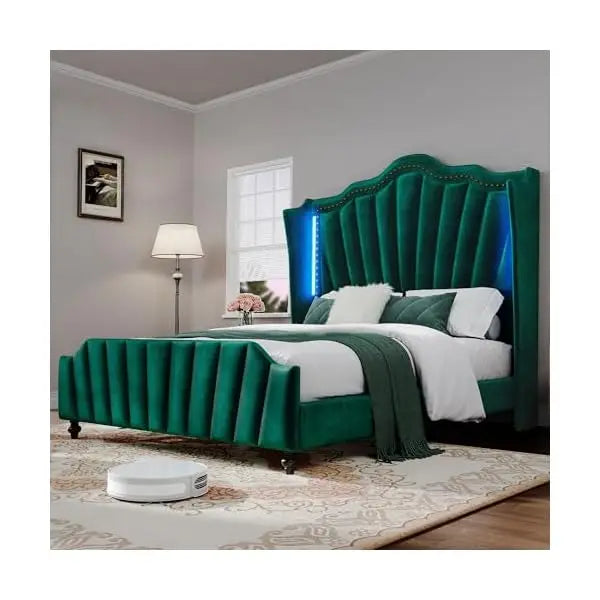 LED Queen Size Bed Frame with 60" Tall Wingback Headboard and Footboard, Solid Wood Leg, No Box Spring Needed, Easy Assembly