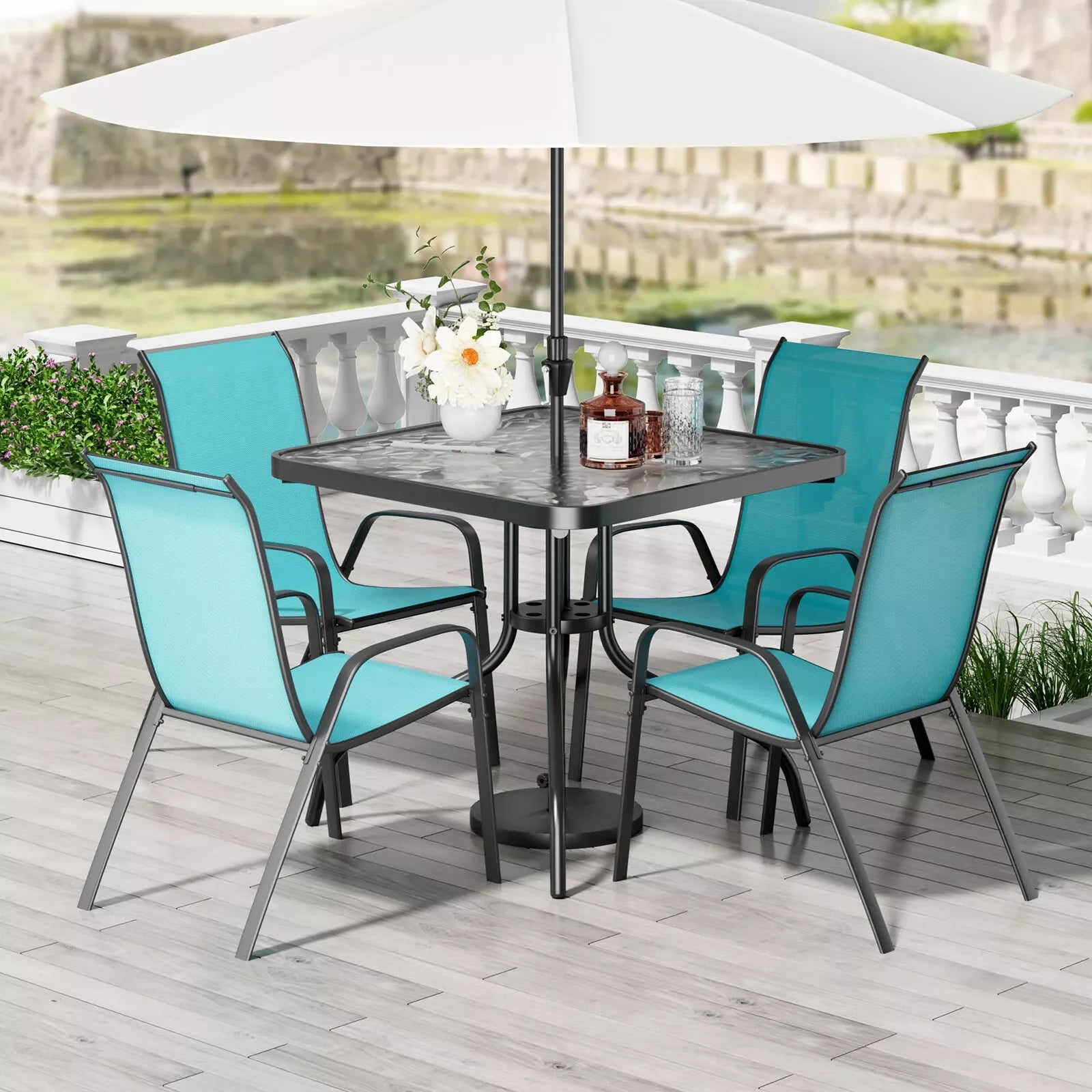 Patio Dining Set 5 Pieces, All Weather Outdoor Furniture W/ 30"x30" Table and 4 Stackable Textilene Chairs, Metal Table & Chairs