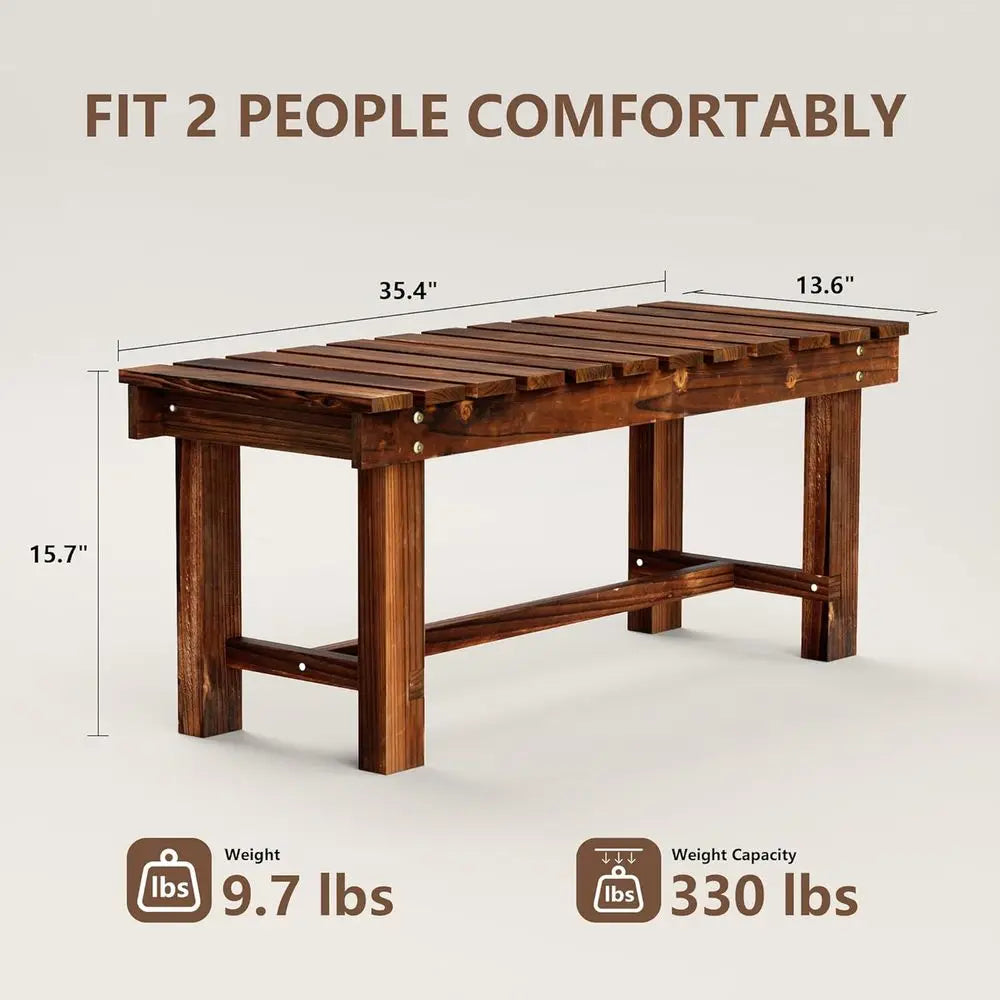 All-Weather 2-Person Wooden Garden Bench, Multifunctional Patio Seat for Outdoor Spaces (Carbonized Brown)