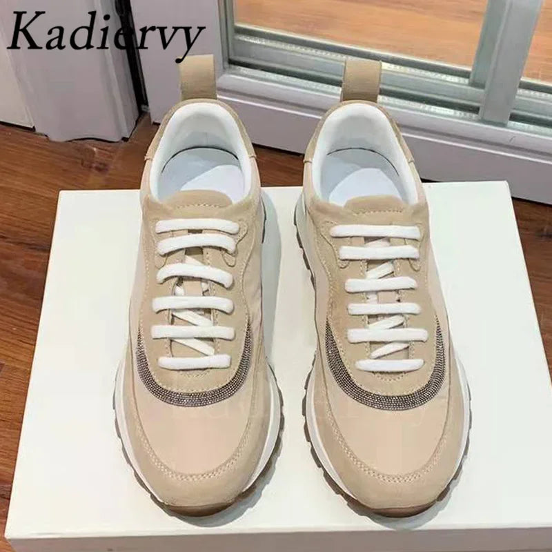 Spring Autumn Sneakers Women Lace Up Round Toe Flat Shoes Lady Suede Leather Patchwork Casual Comfort Outdoor Sports Shoes Woman