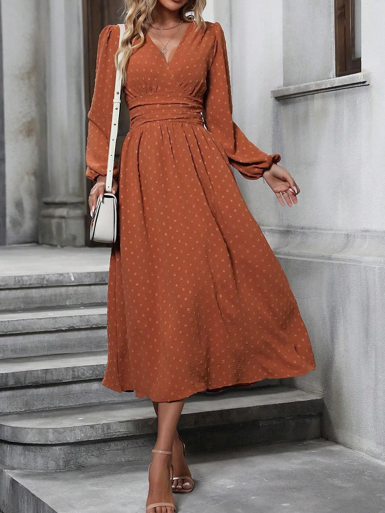 Rustic Orange Swiss Dot Surplice Neck Lantern Sleeve Ruched Waist Asymmetrical Midi Dress for Women